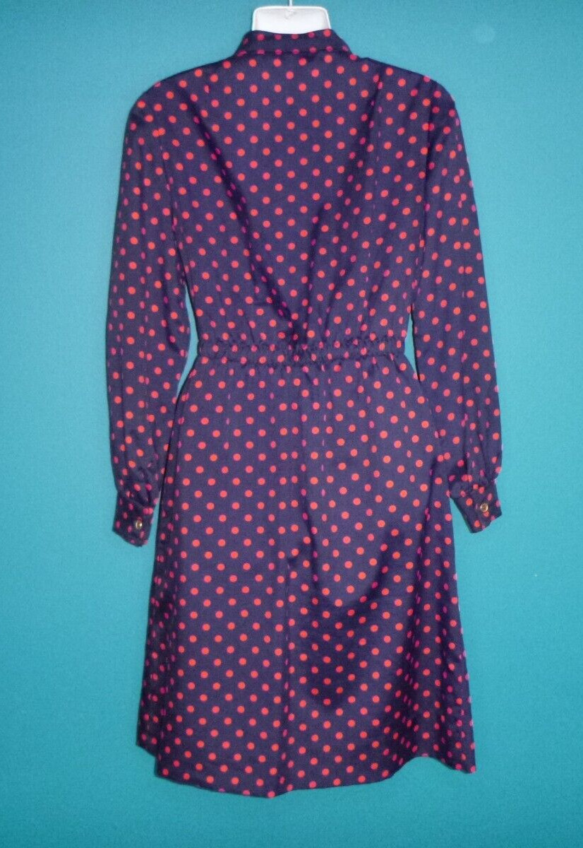 Vtg 70s Parade New York Silky Poly Shirt Dress Blue Red Polka Dots Sz M/L
