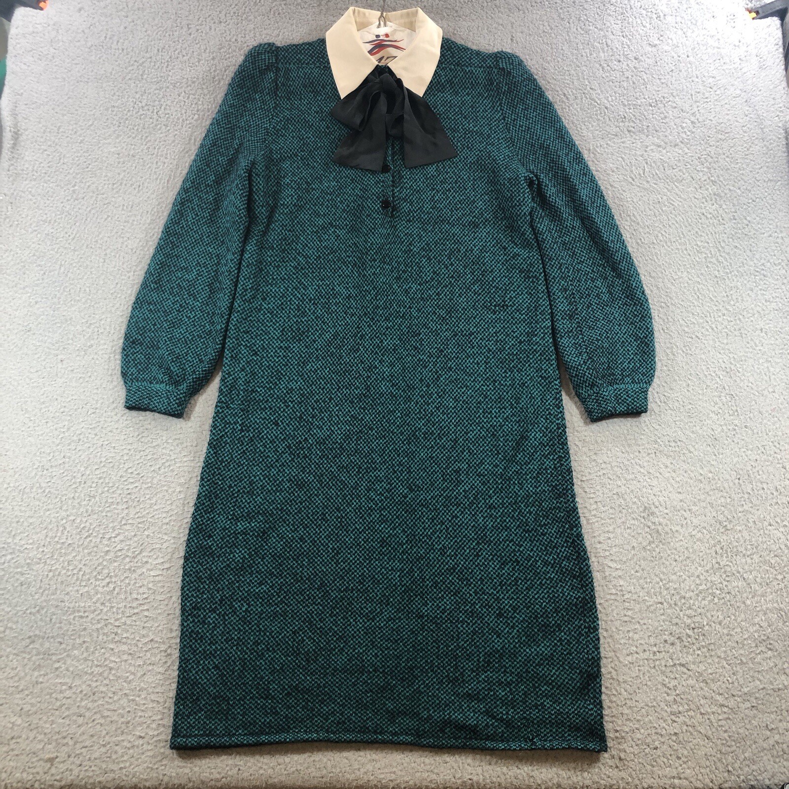 Vtg St John By Marie Gray Knit Dress Green Tweed Beige Collar 80’s Costume