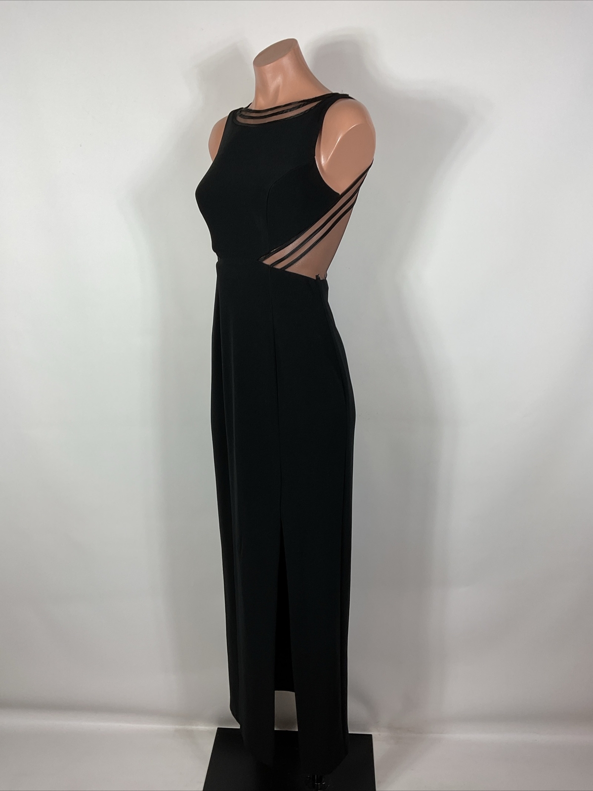 Vintage 90s y2k Black Illusion Caged Neck Backless Button Back Prom Dress 3/4