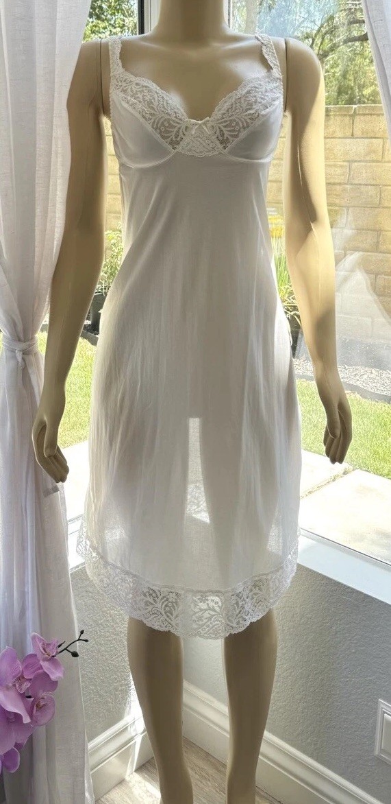 Vintage OLGA Off White Nightgown Embroidered Mesh and Lace Size 34C
