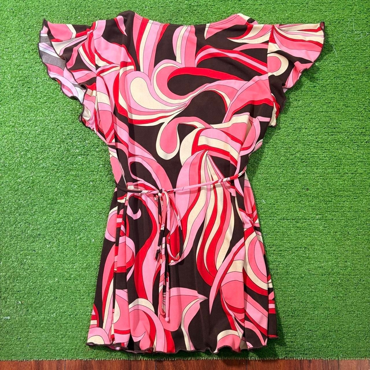 Vintage Y2K J.T.B. Retro Groovy Swirls Babydoll Flowy Tie Back Ruffle Size LG