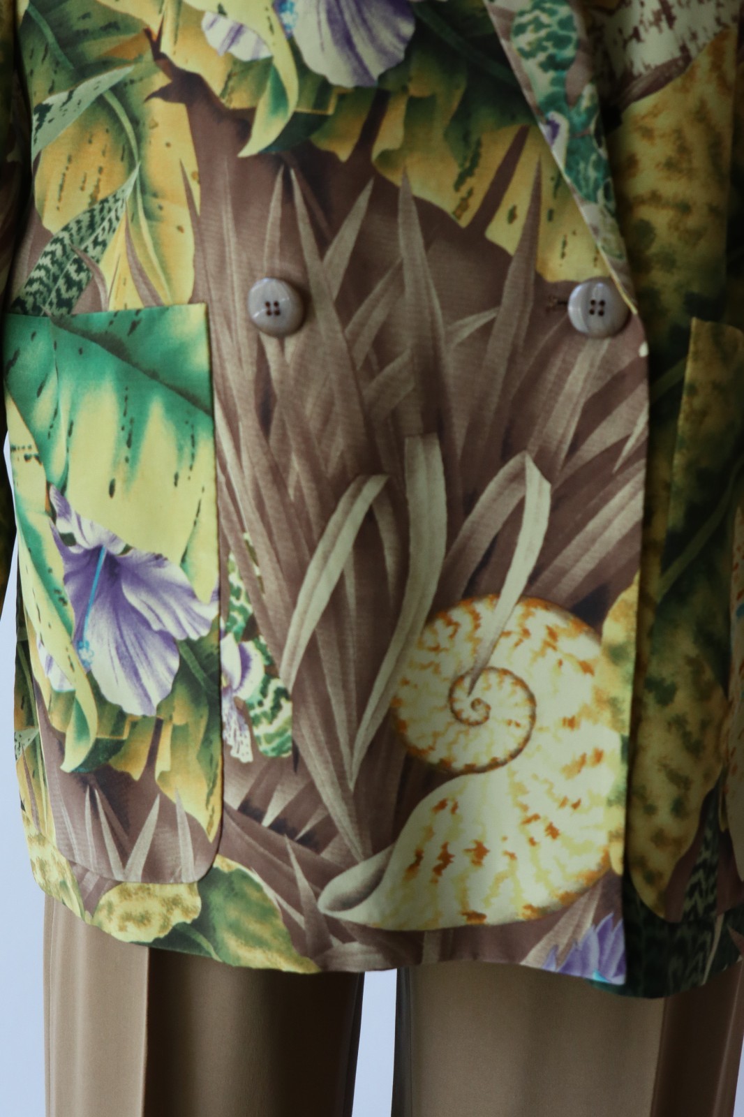 90s Linda Allard Green Brown Silk Tropical Seashells Oversized Blazer Women S M