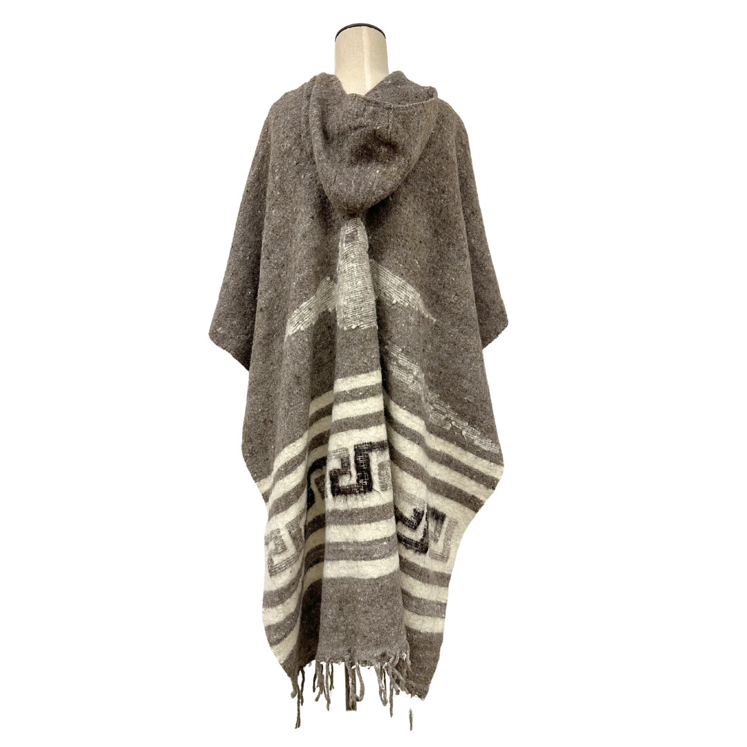 Vintage Southwest Gray Wool Hooded Poncho Serape w Fringe & Bird Detail