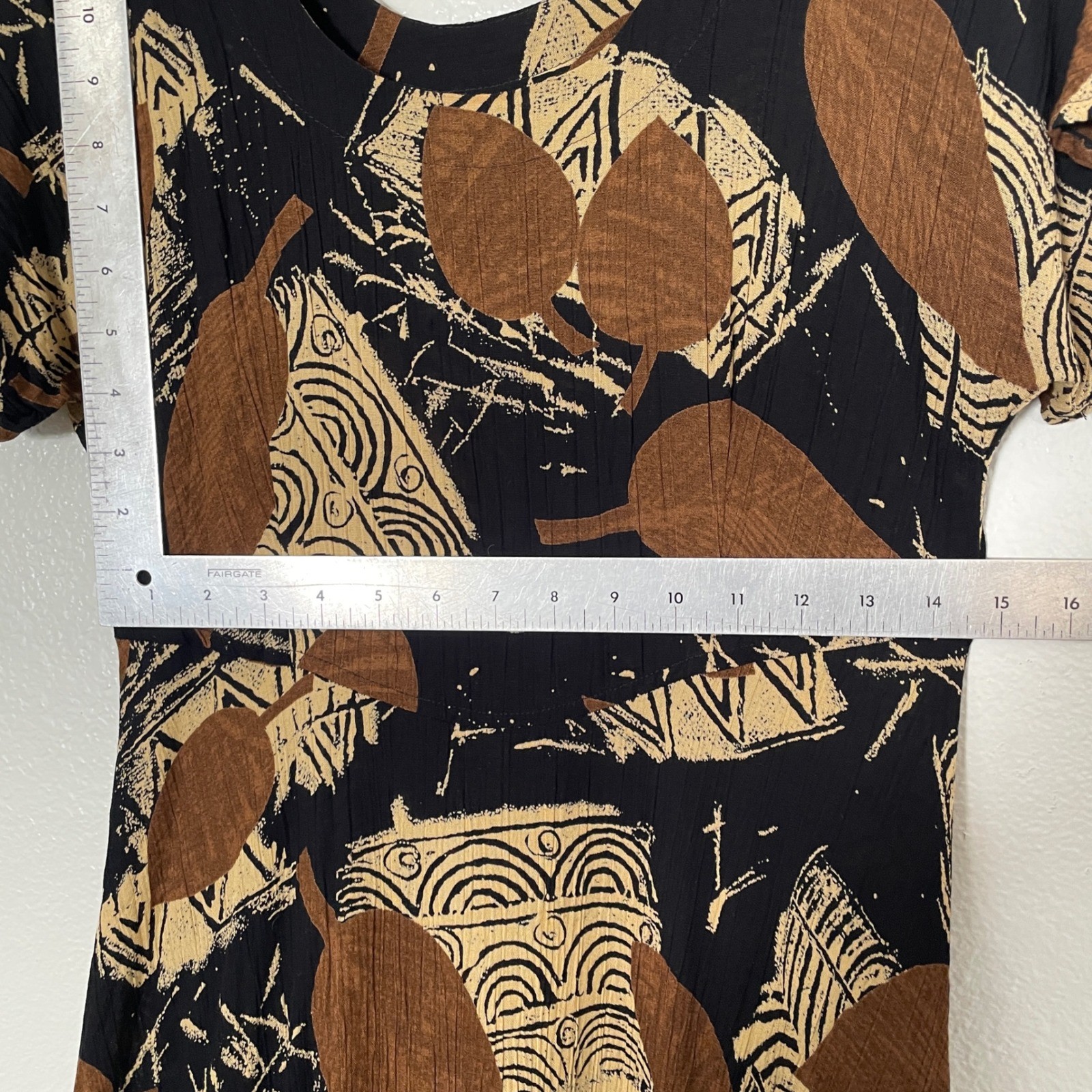 Rabbit Rabbit Designs Vintage Maxi Dress Brown Black Leaf Print Rayon Size 6 USA