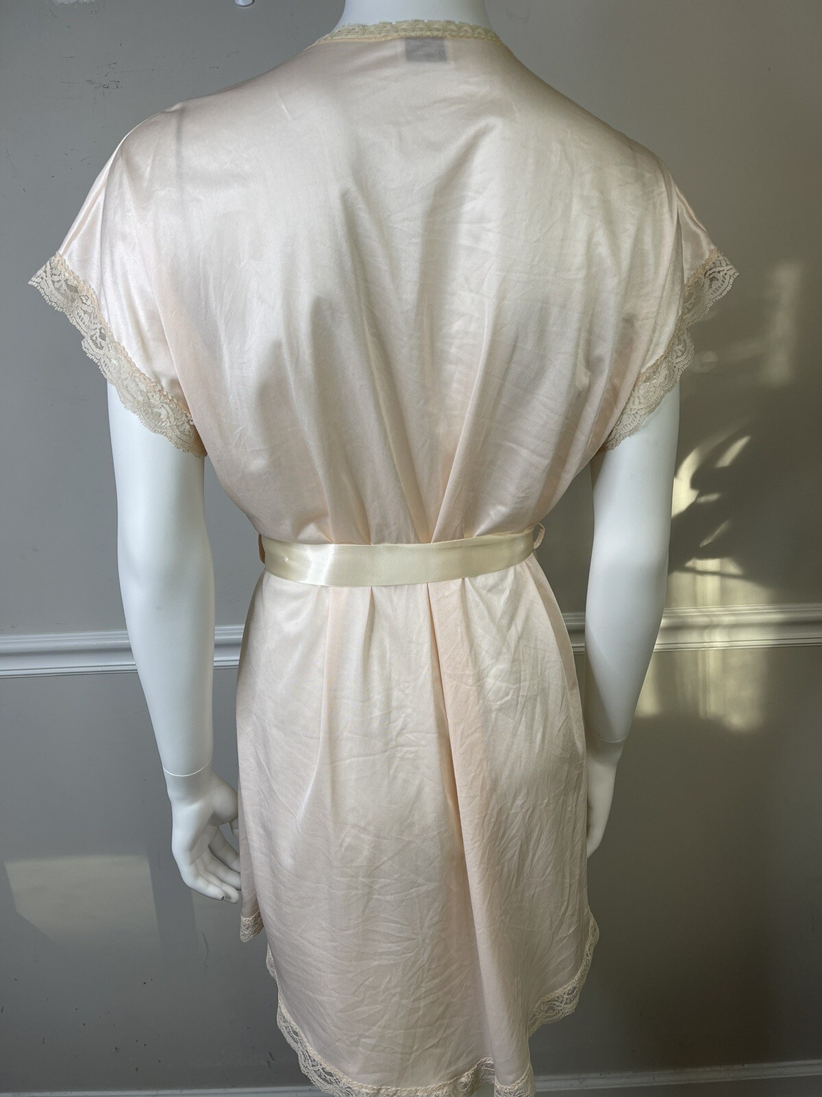 Vintage Soft Moment NY Pink Tan Nylon Lace Ribbon Sexy Night Gown Robe Size Med