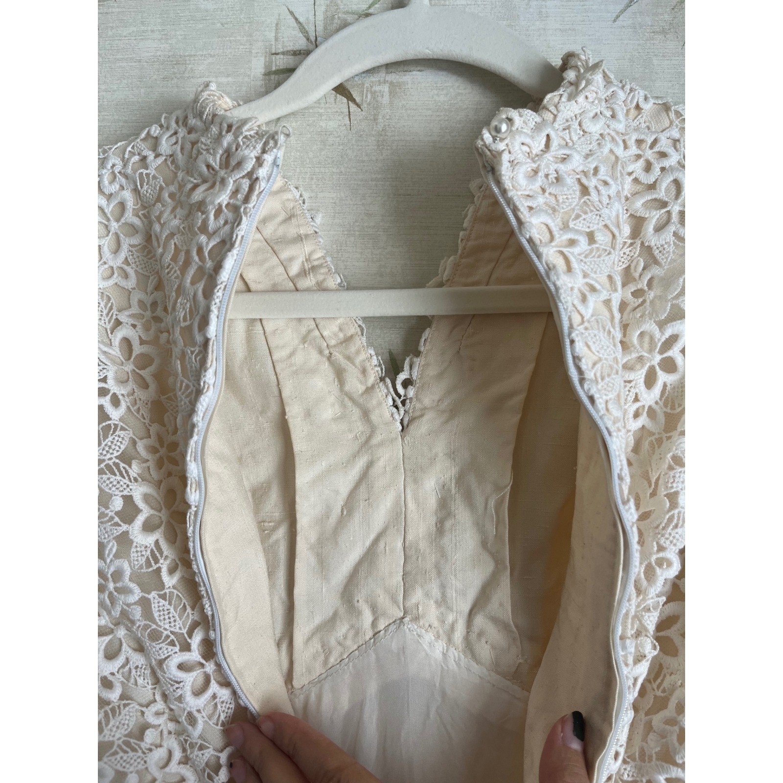 Vintage 60s Ivory Lace Raw Silk Wedding Gown Maxi Dress Empire Waist XS