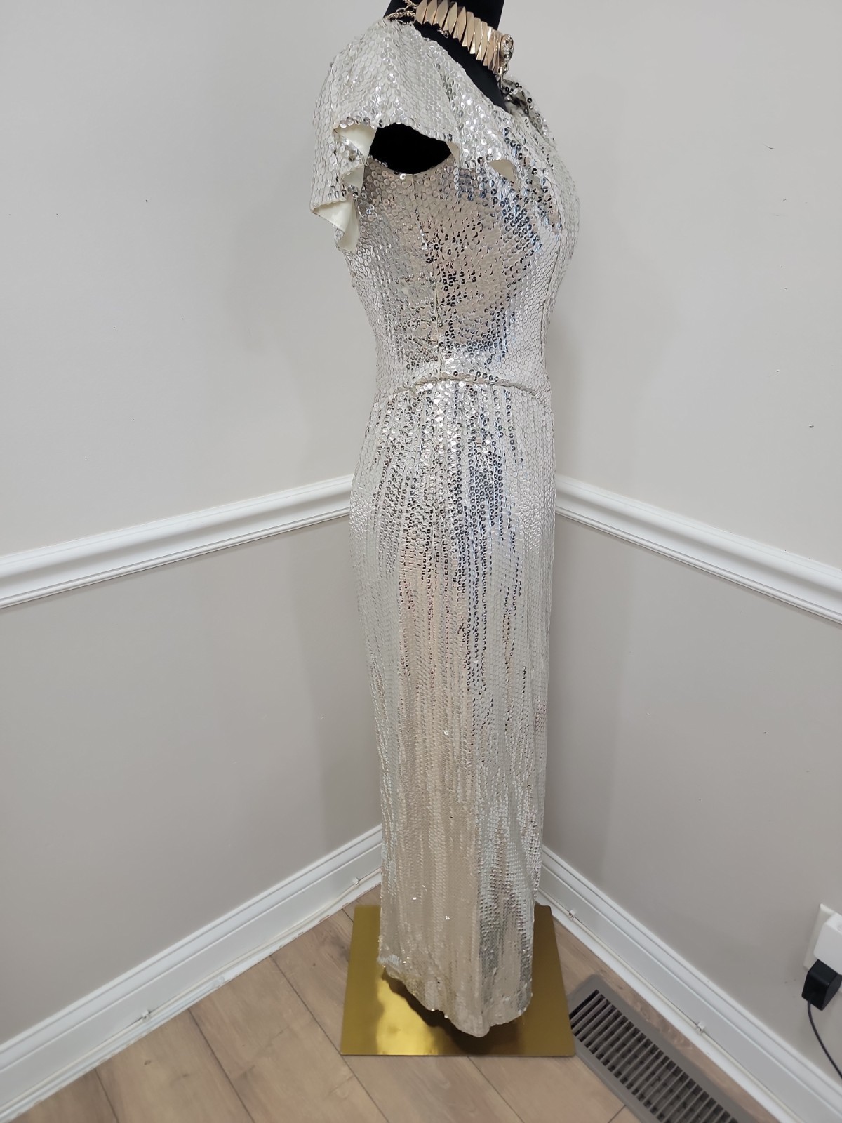 VTG 80s Alice Designs Silver Sequin Beaded Evening Gown Formal Prom Dress