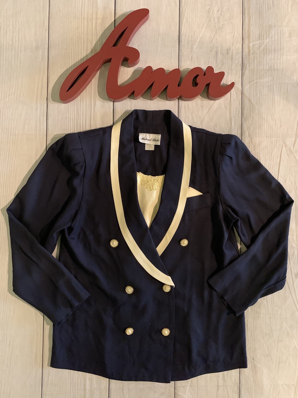 Vintage Michael Blake Navy Blue & Ivory 2pc Secretary Skirt Suit Set