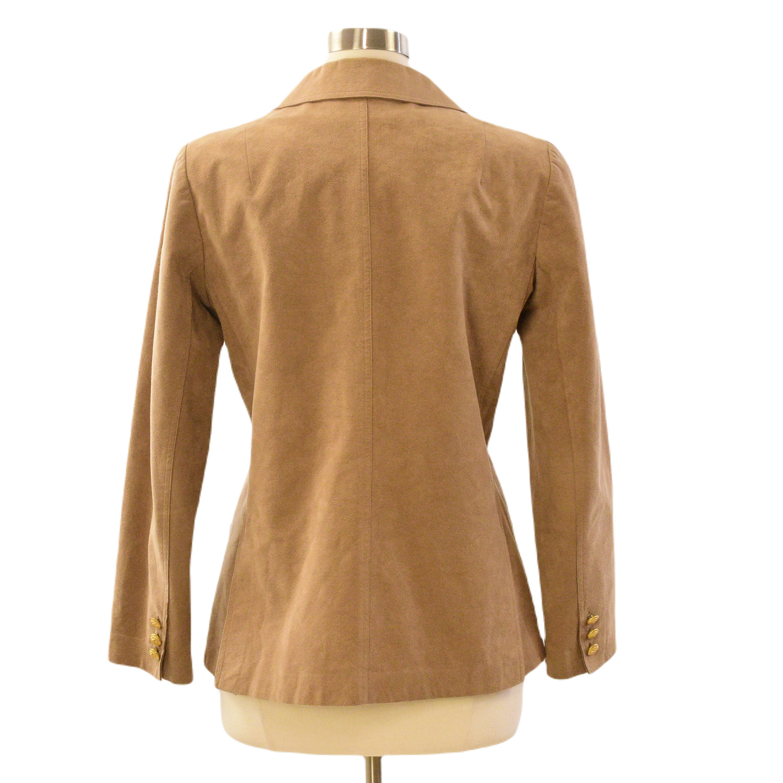 70s Vintage Faux Suede Blazer Womens L 12 Camel Brown Gold Button Equestrian