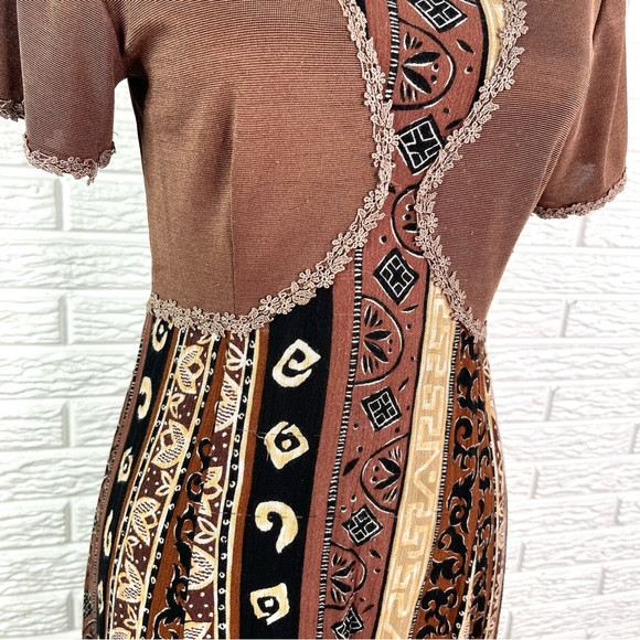Vintage Parahero Patterned Striped Maxi Dress Brown Black Cream Size Small