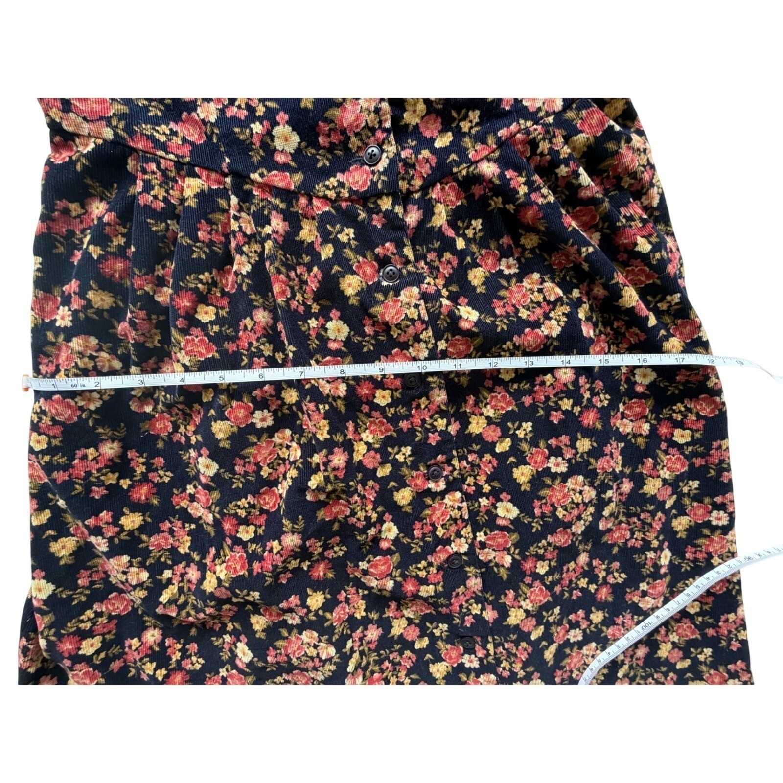 Charter Club Vtg Corduroy Floral Dress Navy Blue Button Cottagecore Country Chic