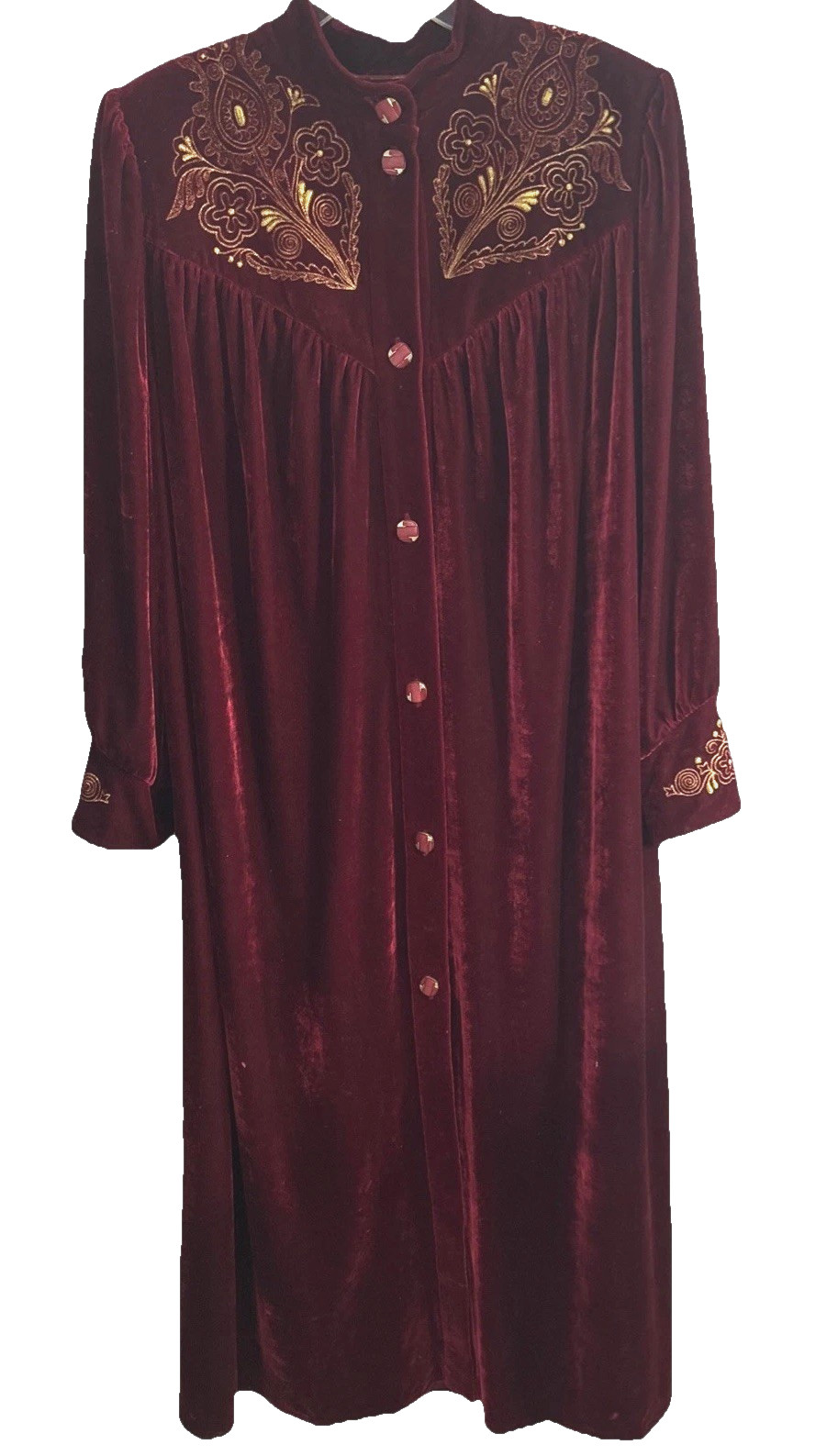 Vintage Unbranded Size M/L Burgundy Velour Gold Embroidery Robe Victorian