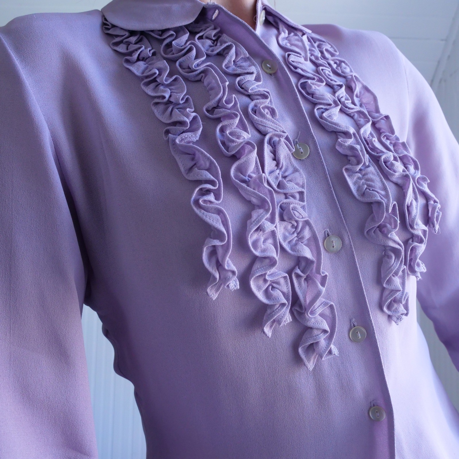See sweetest vintage 1990s lilac semisheer tuxedo ruffle button down blouse
