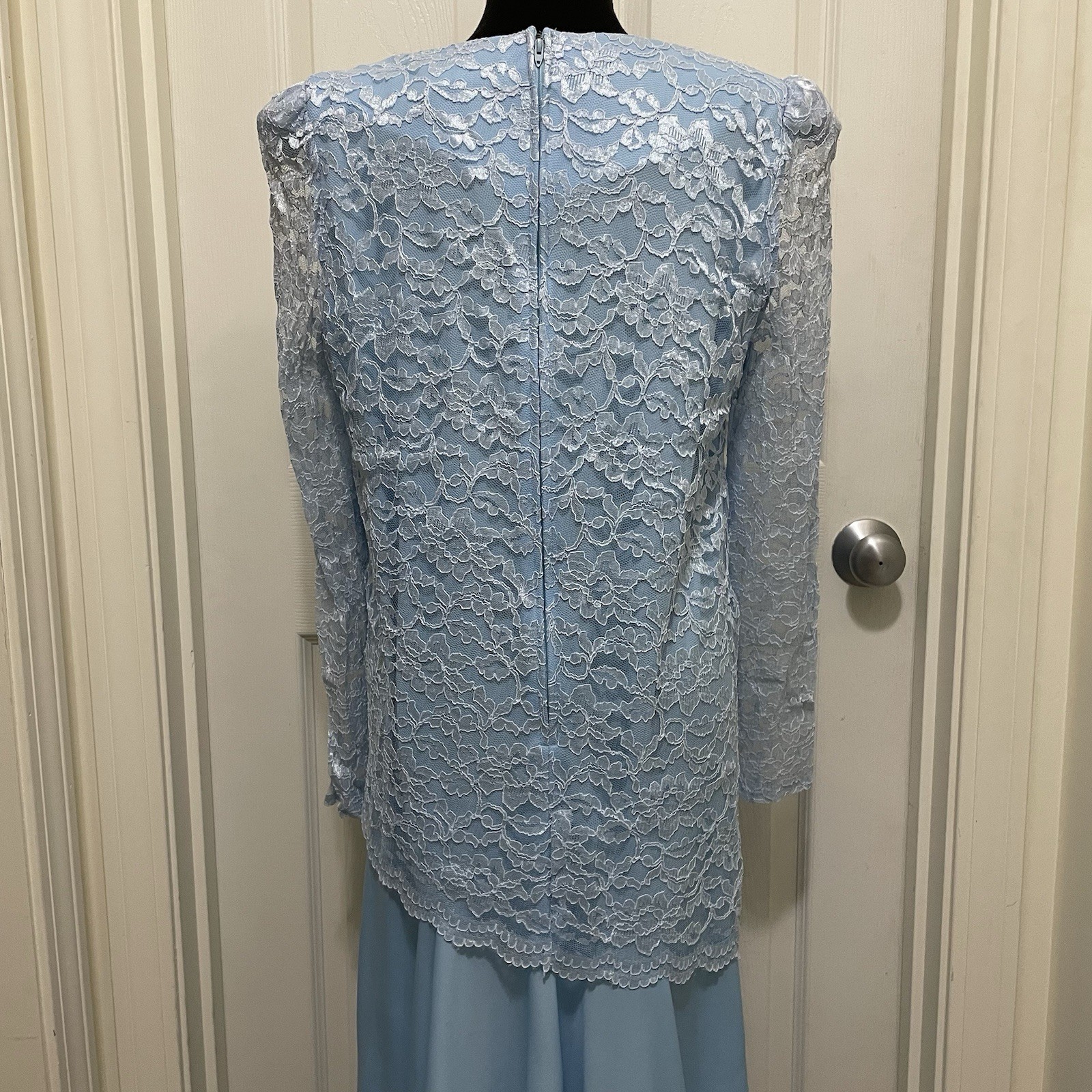 Vintage 80s Mister Jay Blue Lace Dress Sz 18 Formal Drop Waist Gown Bow Cottage