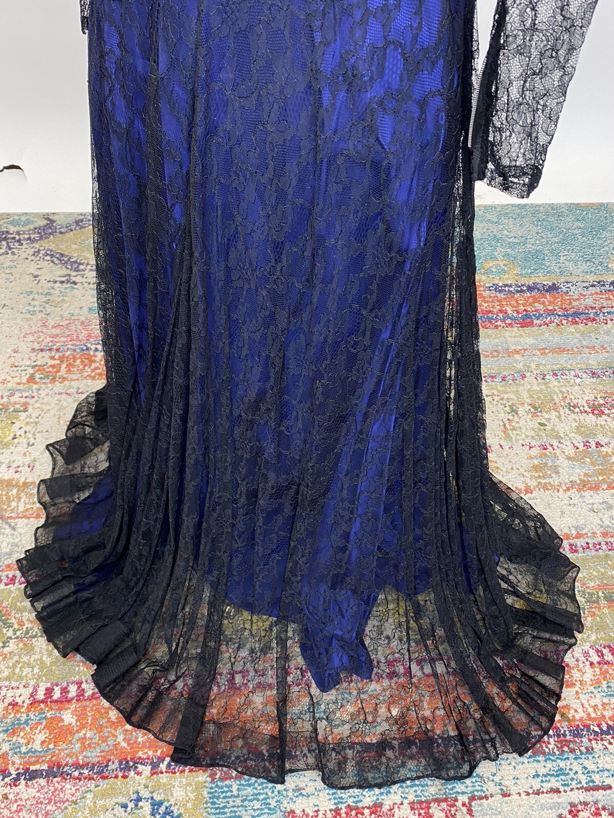 Antique Vintage 1940s Black & Blue Silk Chiffon Lace Bias Cut Full Length Gown