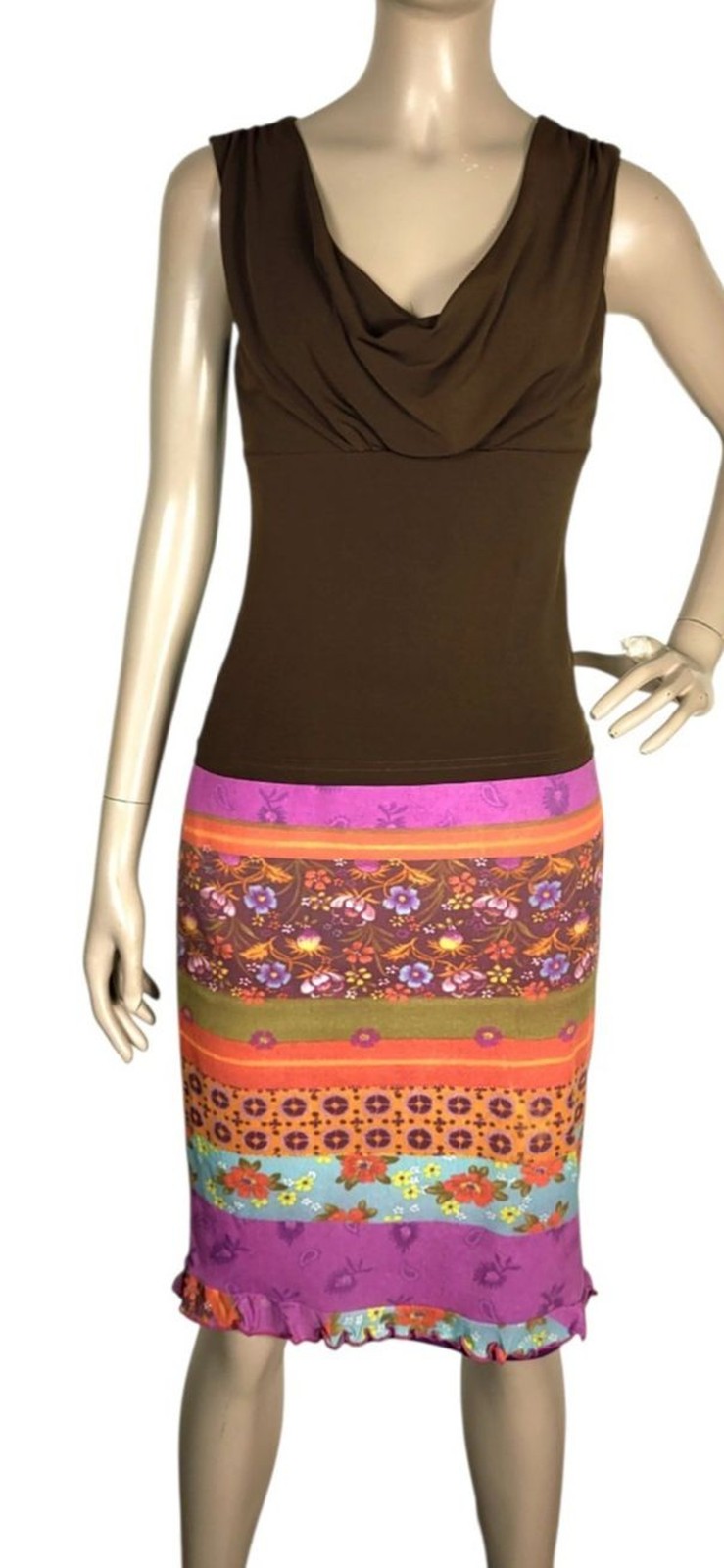 Vintage 90s Y2K Maria Bonita Mixed Media Colorful Ruffle Hem Pencil Skirt S/M