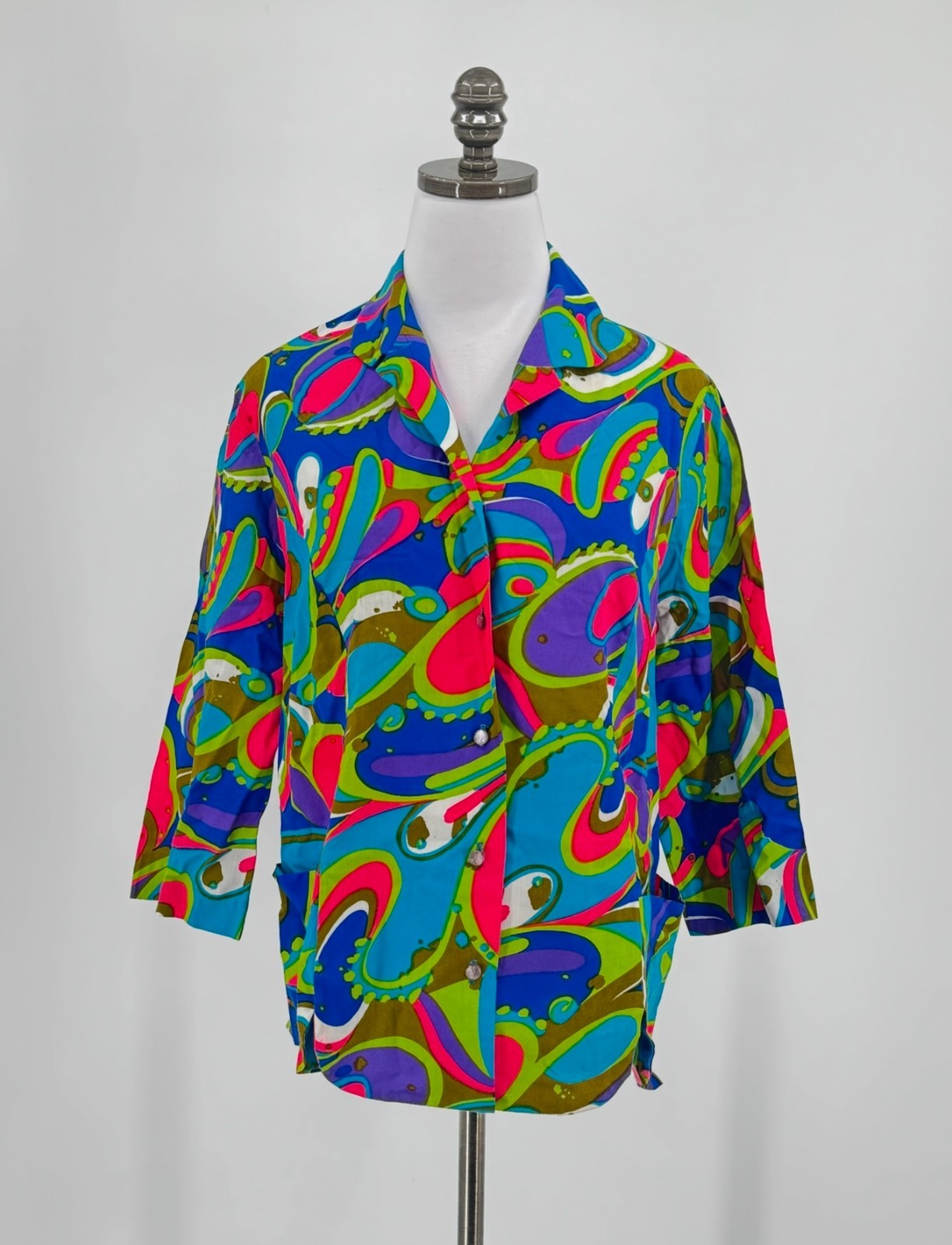 Graff Vintage Womens 60’s Bright Abstract Boho 3/4 Sleeve Button Top
