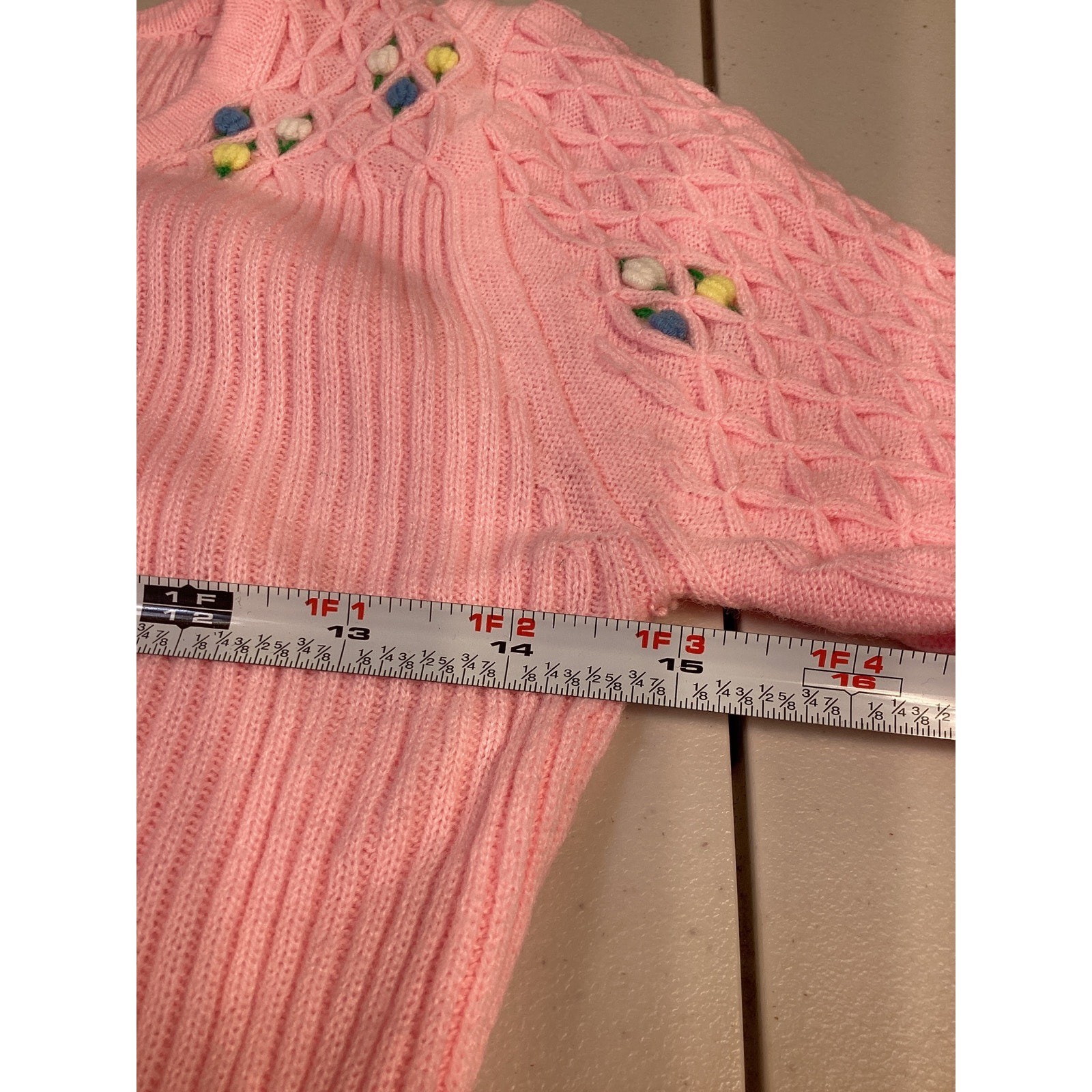 Vintage Pink Ribbed Knit Floral Embroidered Square Neck Short Sleeve Sweater S