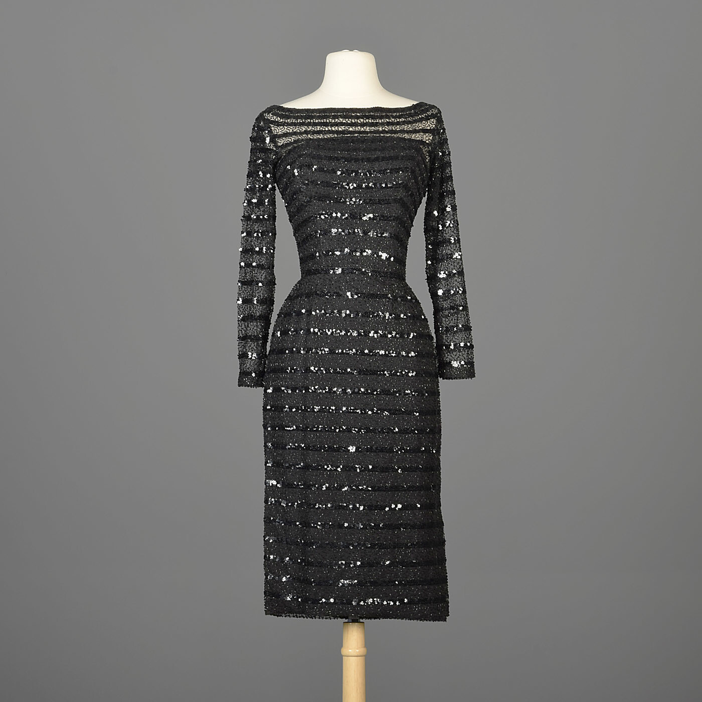 XXS Vintage 1960s 60s Ceil Chapman Long Sleeve Sequin Little Black Dress LBD