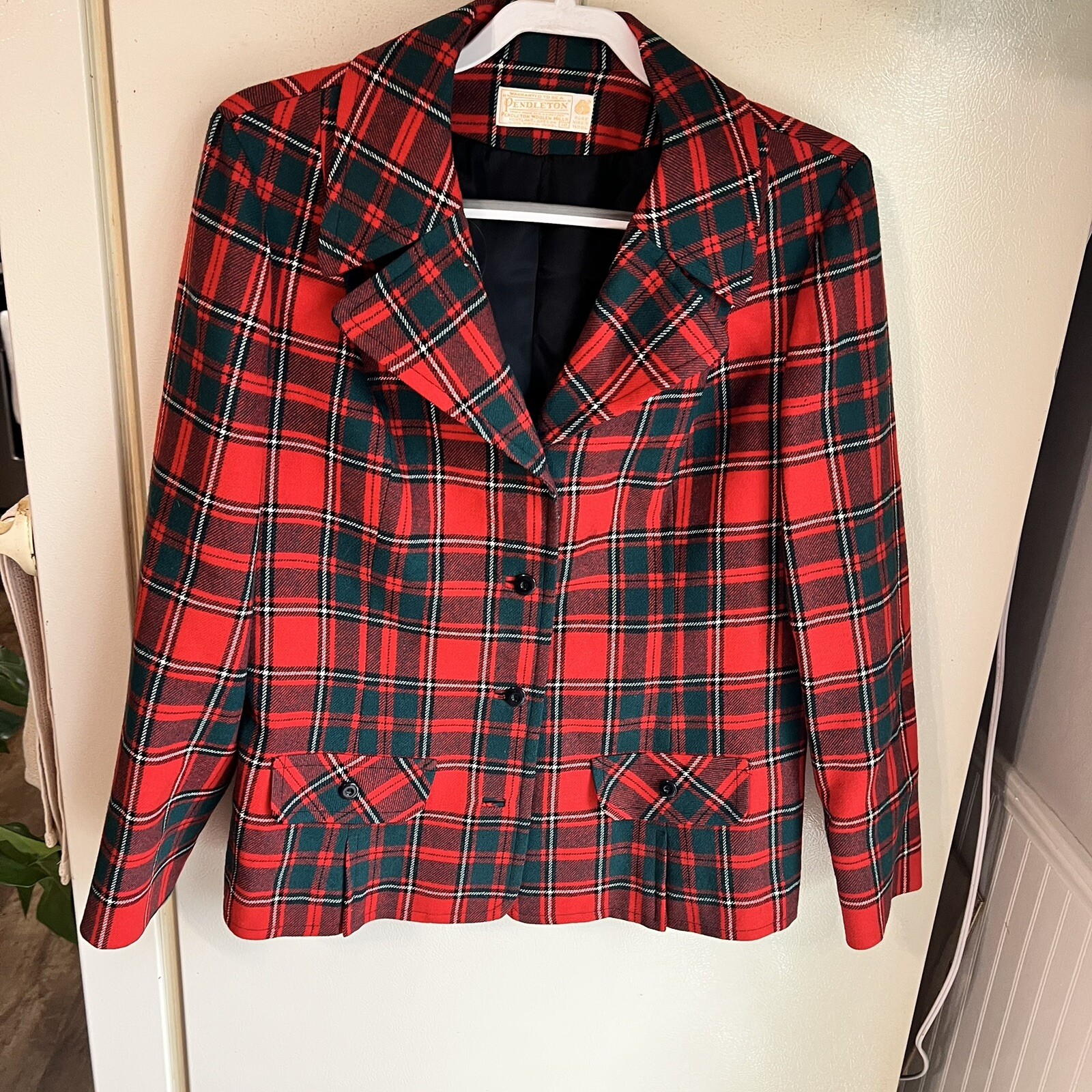 Pendleton Vintage 70s Red & Black Tartan 100% Virgin Wool Classic Blazer Size 18