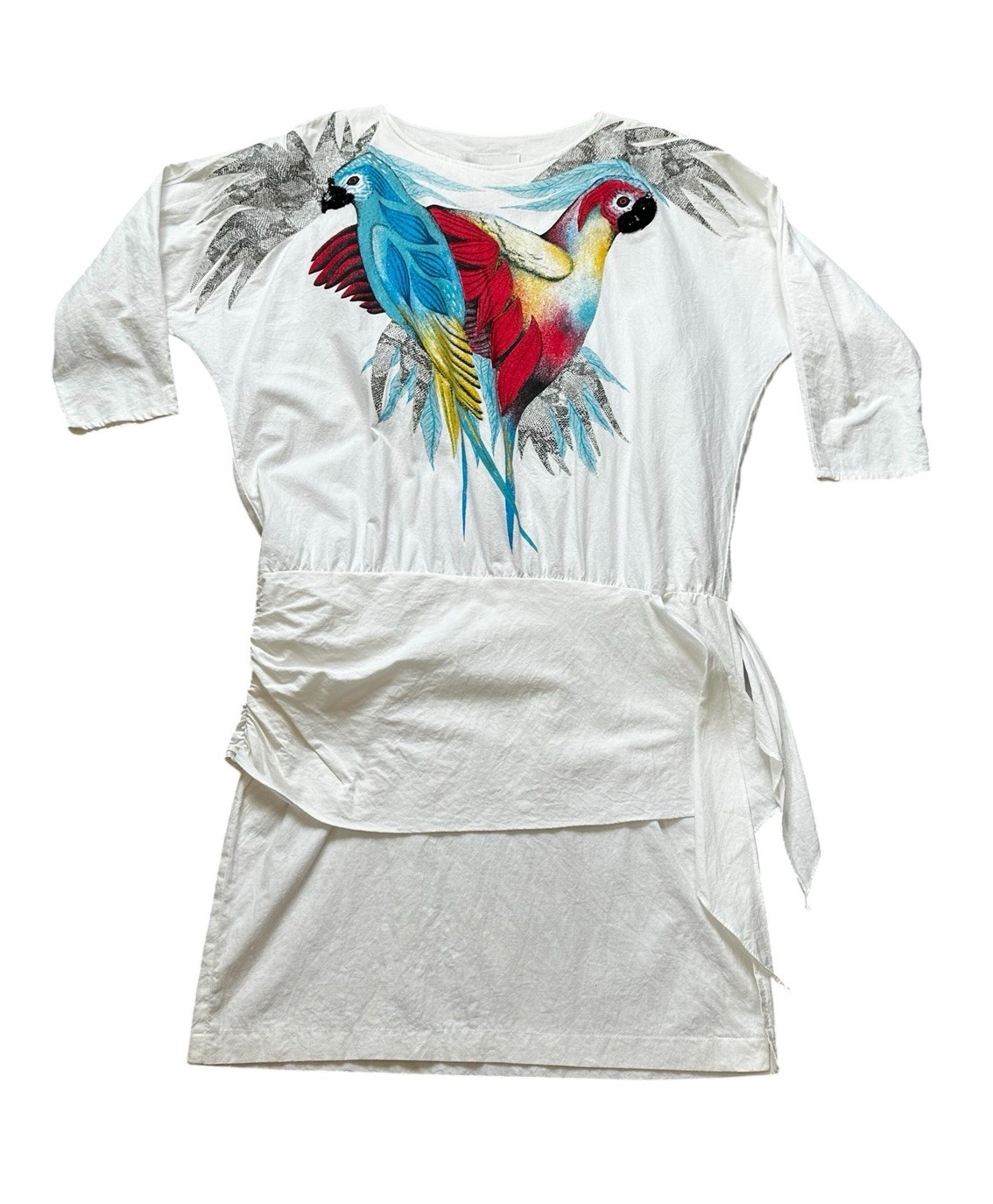 Vintage 80s Young Edwardian Tunic Dress Parrot Sequin Print Art To Wear Retro L