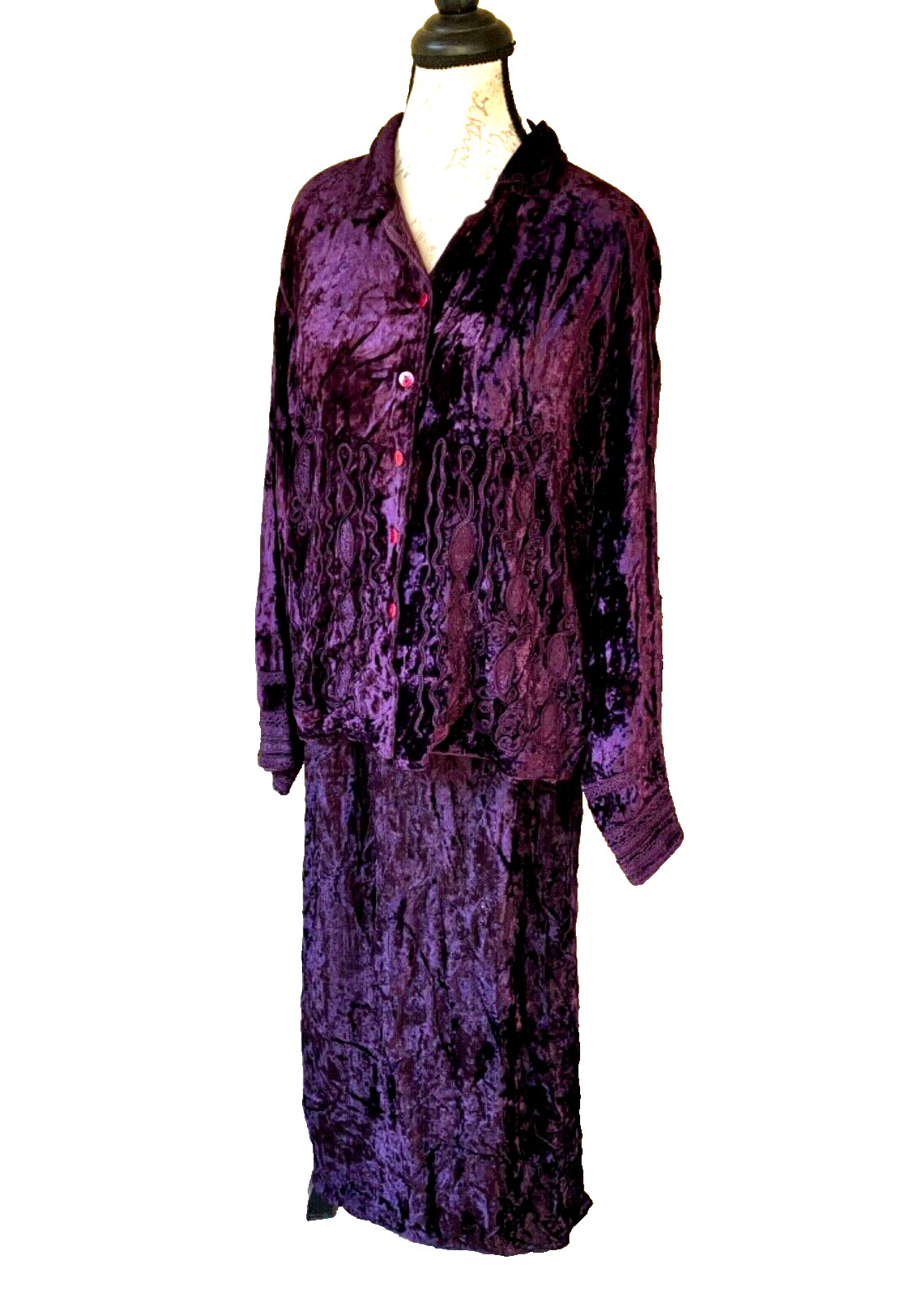2 PC VINTAGE 1990s PURPLE CRUSHED VELVET EMBROIDERED SKIRT/JACKET XL BOHO ANII