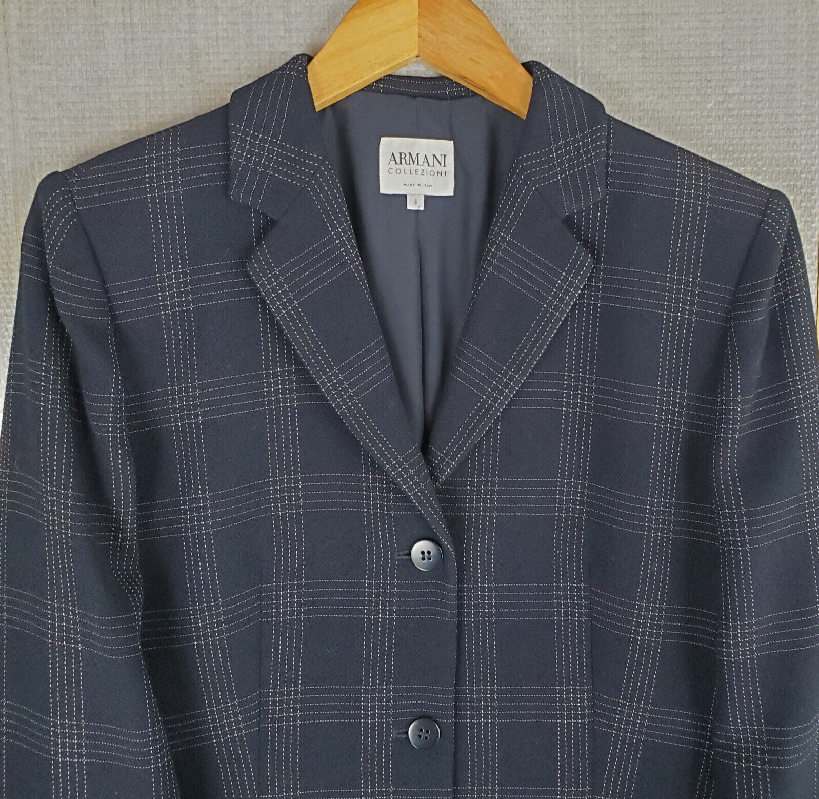 ARMANI COLLEZIONI Womens Size Small 6 Italy Made Black Plaid Wool Blazer Jacket
