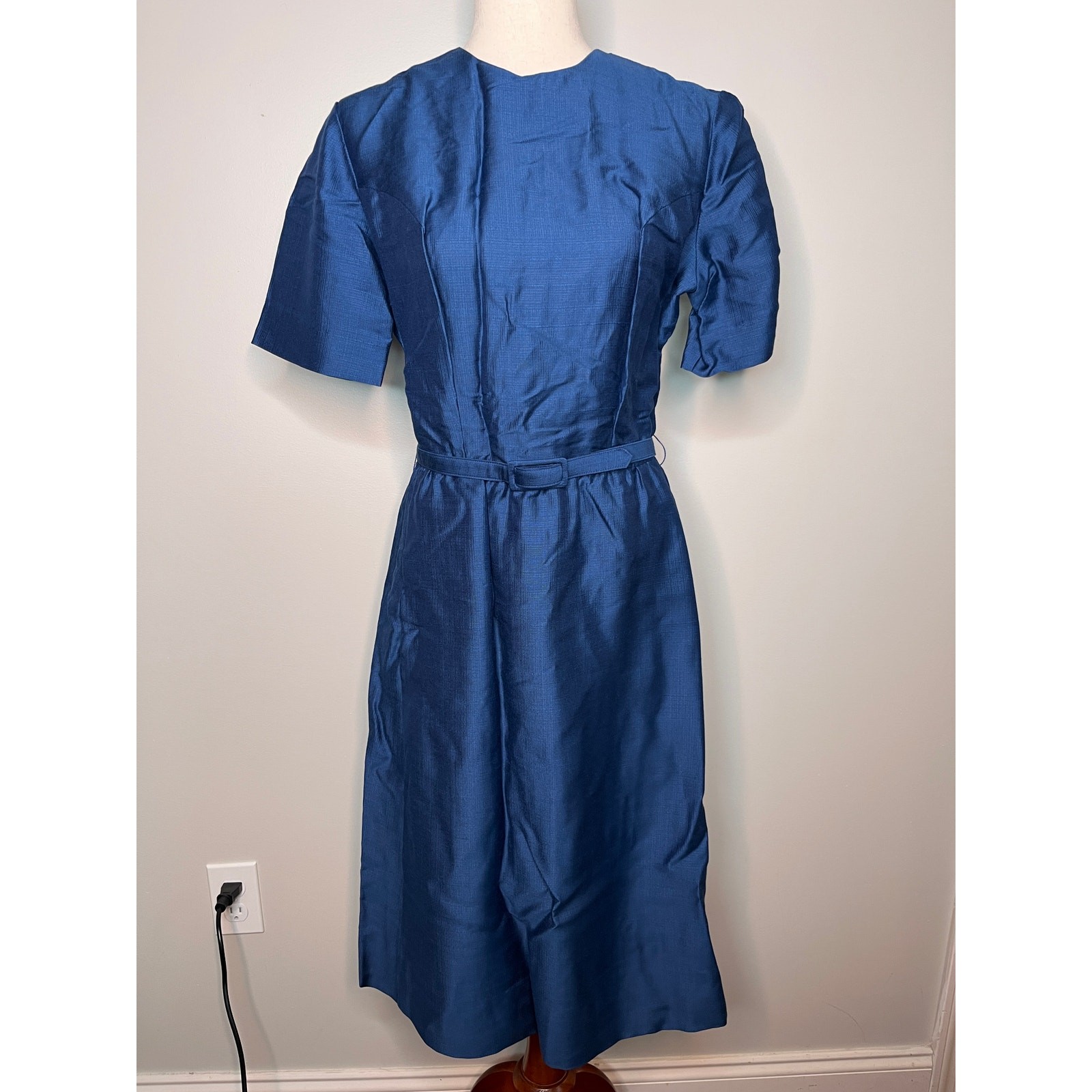 1950s L’Aiglon Rayon Silk Blue Iridescent Old Money Tea Party Volup Dress XL