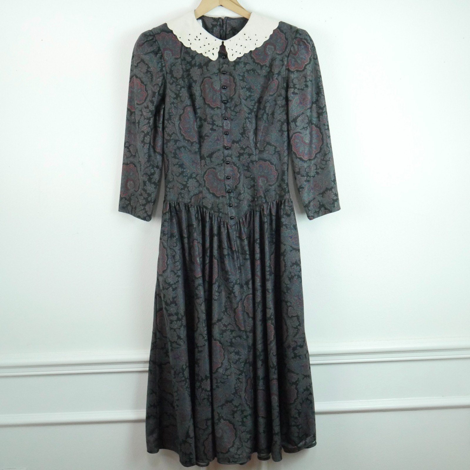 Vintage Small Flannel Prairie Dress Cottagecore Paisley Modest Victorian 80s