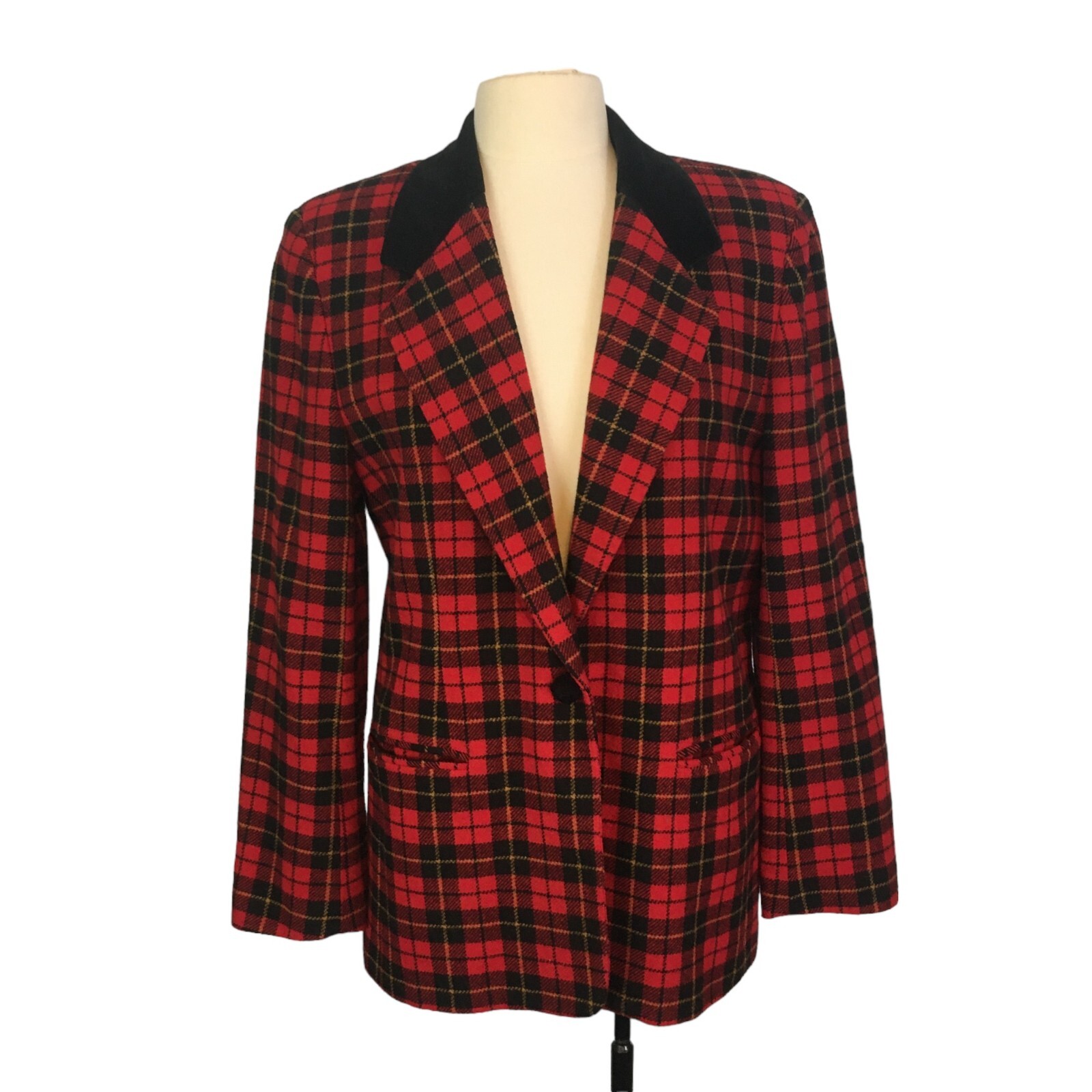 Joan Leslie Vintage Womens Red Plaid Wool Blazer, Velvet Collar, sz 10, 40 bust