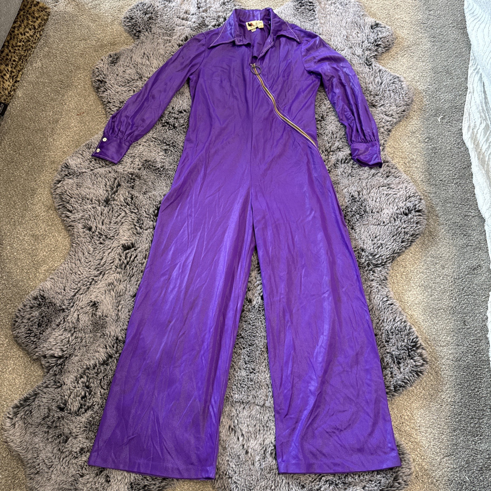 Eve Le Coq Vintage Disco Pantsuit Jumpsuit Shiny Purple Wide Leg 60s 70s UNIQUE