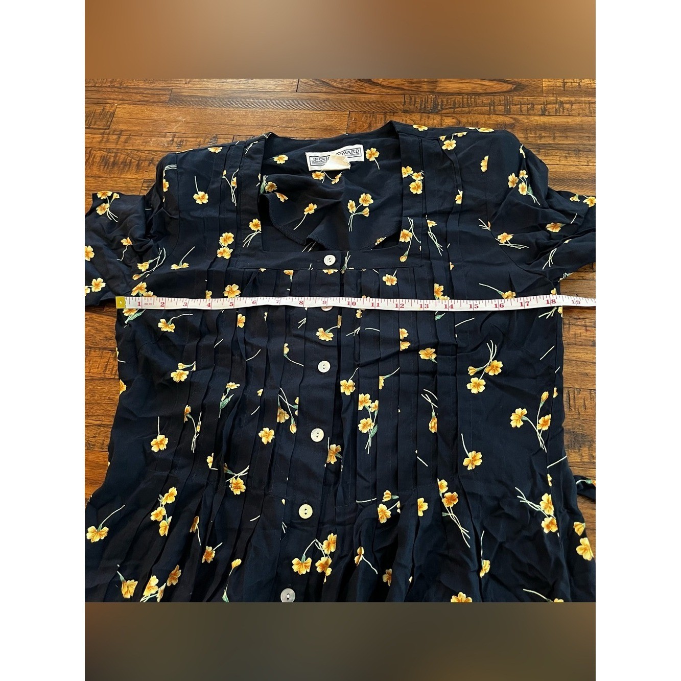 Jessica Howard Navy Maxi Dress Yellow Floral mother pearl buttons Vintage Sz 8