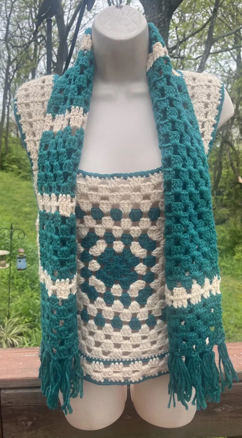 Vintage Retro Boho Chic Crochet Knit Granny Square Sweater Vest & Scarf Set OS
