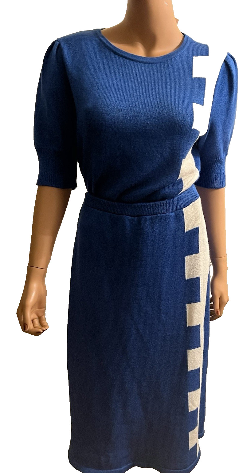 Mod 80s doing 40s Key Notch Design Knit Sweater Midi Skirt Set Dress M/L
