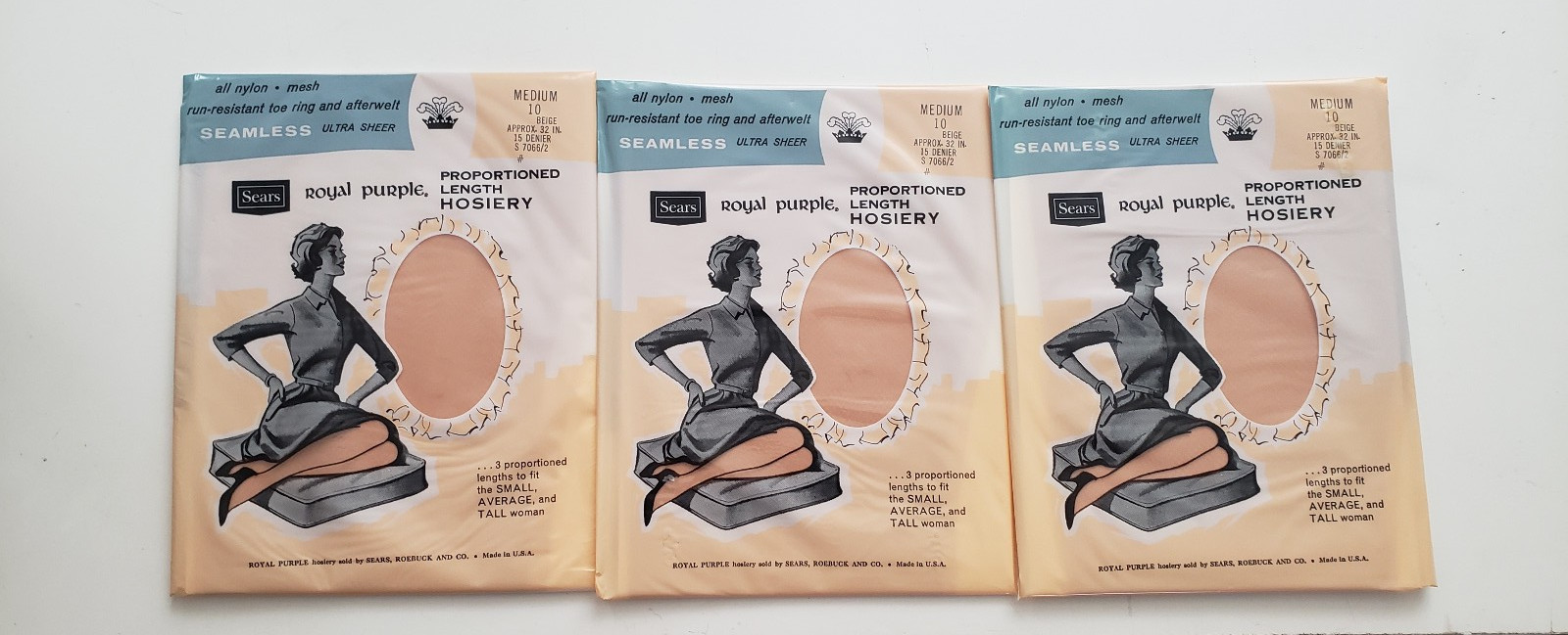 3 Vintage New In Package Sears Royal Purple Stockings 10 Medium Beige 1960s