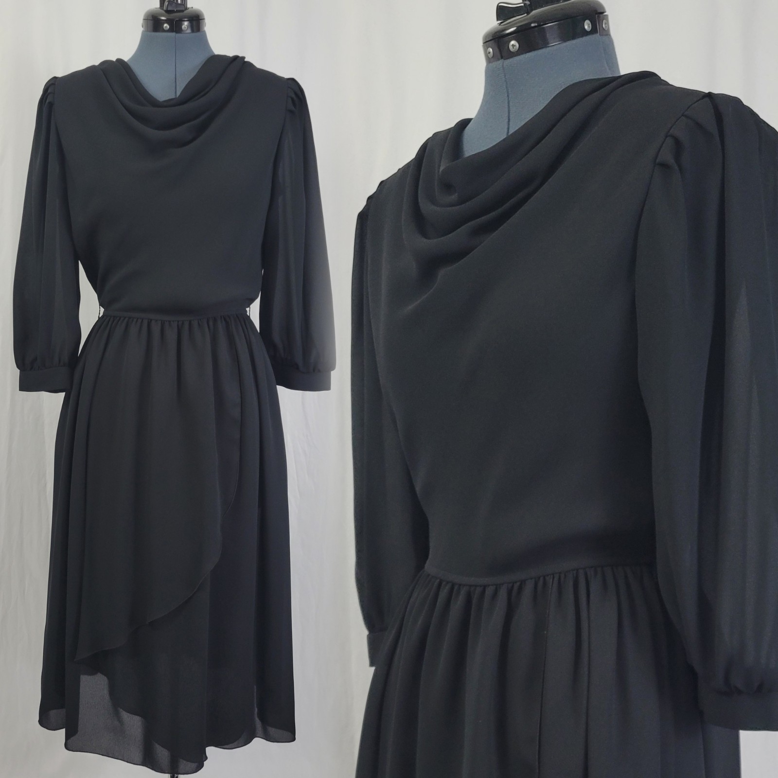Vintage Leslie Fay Black Blouson Dress w Wrap Skirt Size 8