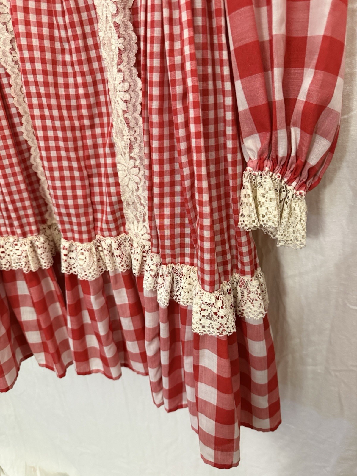Vtg 70s Handmade Prairie Dress Red Gingham Lace Bib Farmhouse XL Storybook Style