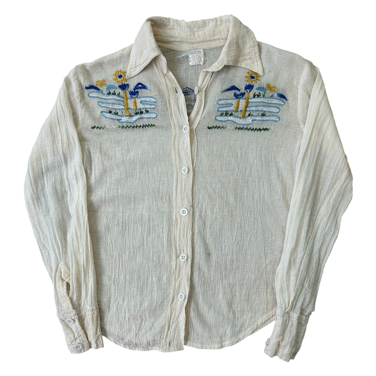 VTG 1970s Scenic Floral Embroidered White Gauze Cotton Button Up Womens Sz M