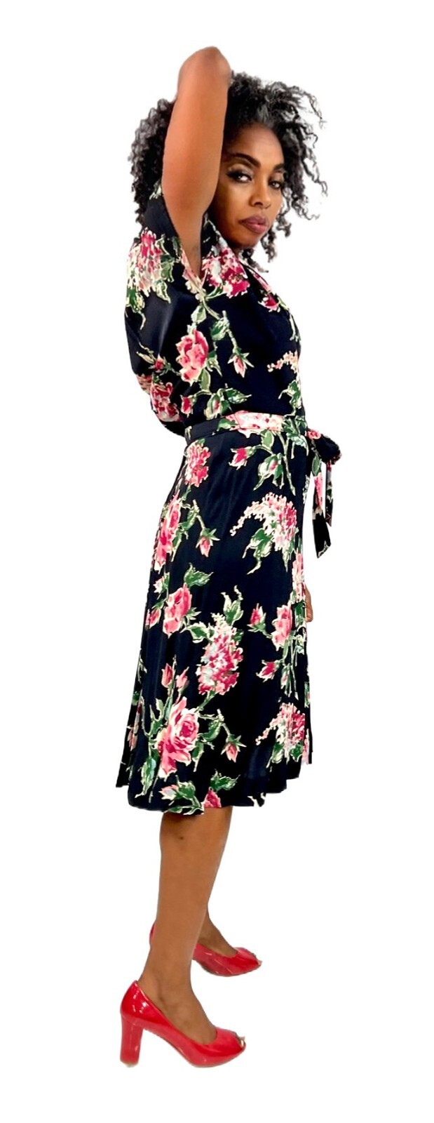 Famous Frocks VTG 1940s WW2 Black Rayon Floral Dress Pink Green Print Swing M