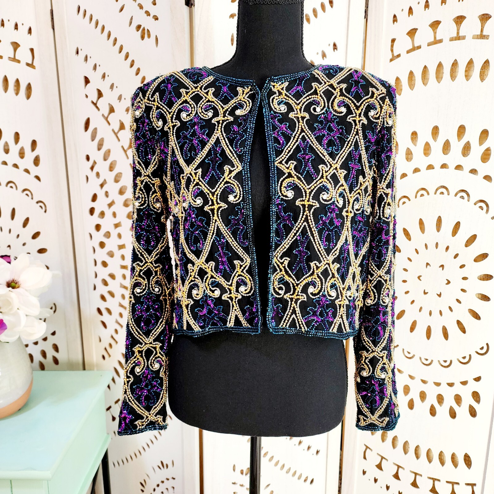 VTG 80s Beaded Silk Jacket Sz PS Cropped Sequin Art Deco Evening Glam Rock Black