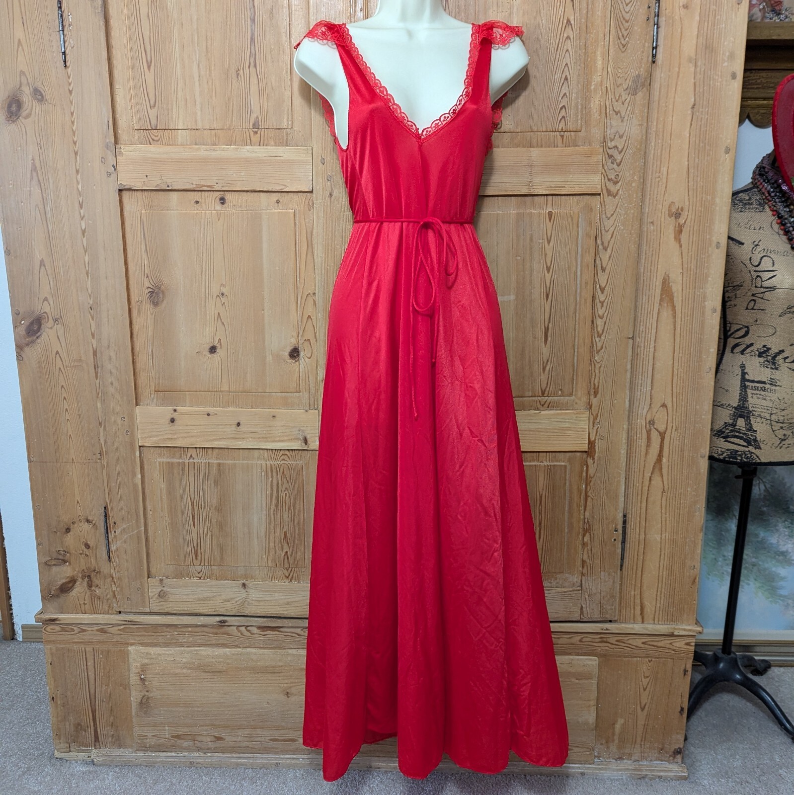 GORGEOUS Vintage Kayser Sexy Red Maxi Nightgown Lace Slip Dress Small Glamorous