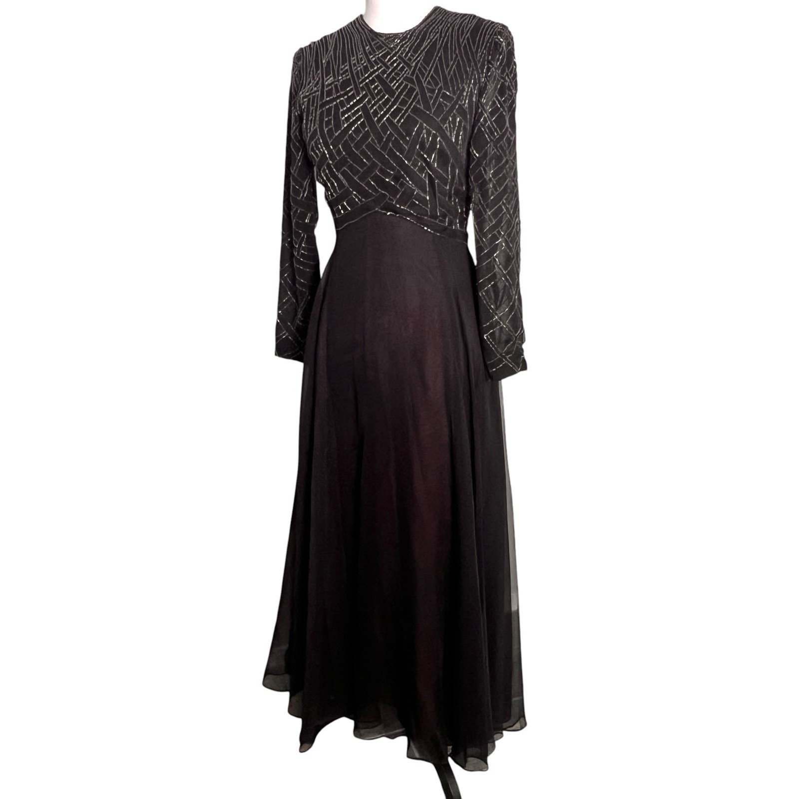 VTG 80s Jack Bryan Black Beaded Chiffon Evening Gown Art Deco Maxi Dress Small