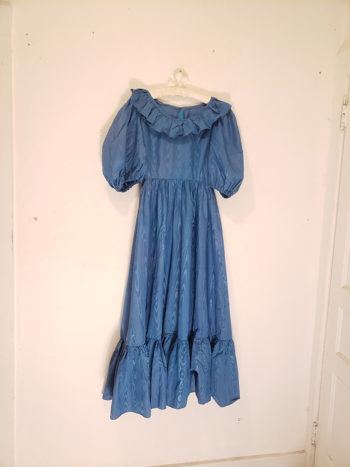 Vtg 70s Teal Gaberdine Puff Slv Maxi Dress Sz S M Handmade Gown