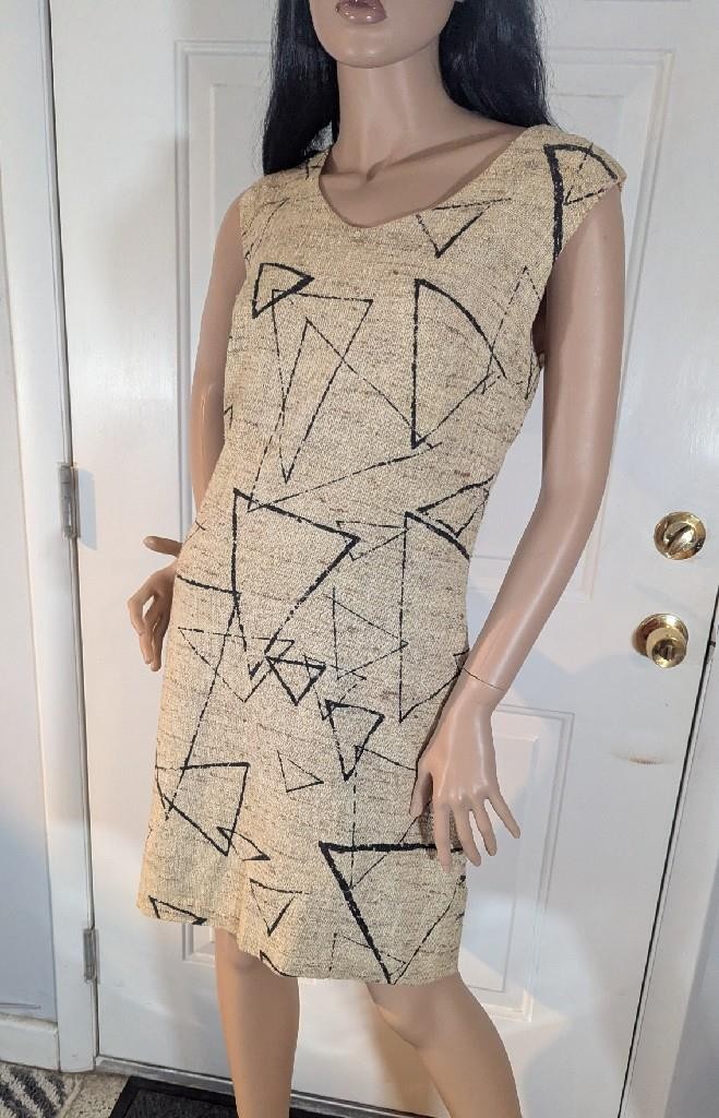 1960s Barkcloth Mini Dress MCM Graphics 38″ Bust Large Volup!