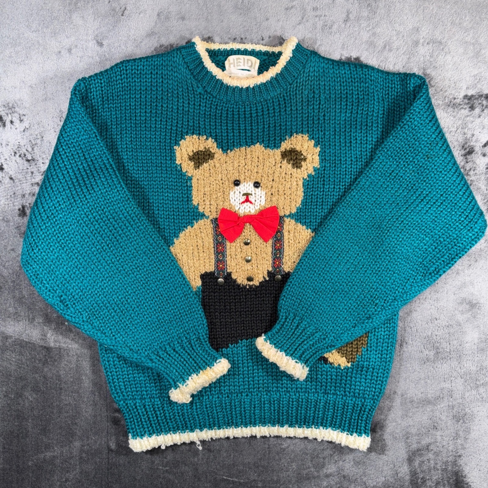 Vintage Heidi Hand Knitted Teddy Bear Sweater Teal Blue Red Bow Tie Large