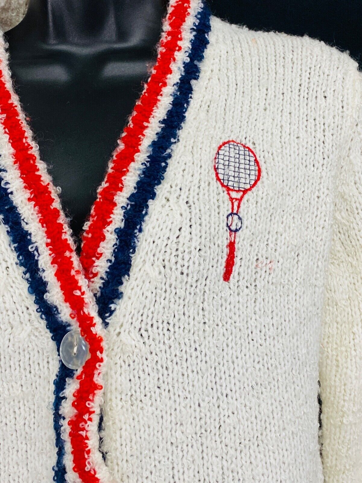 Vintage 1960s white sweater, sporty tennis novelty print cardigan red blue S M