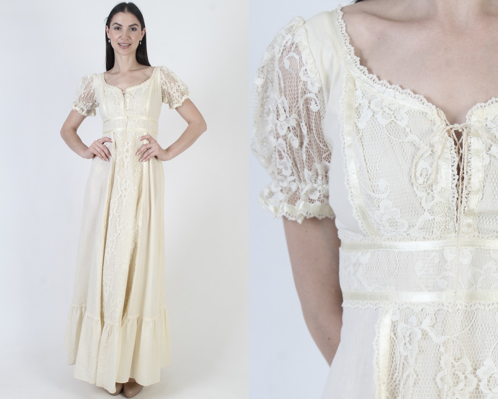 Vtg 70s Cream Prairie Dress Lace Up Corset Cottage Peasant Sheer Slv Boho Gown