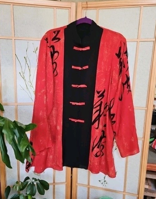 Vintage Anne Namba 100% Silk Red Black Tangzhuang jacket Tunic Frog Closure 42″B