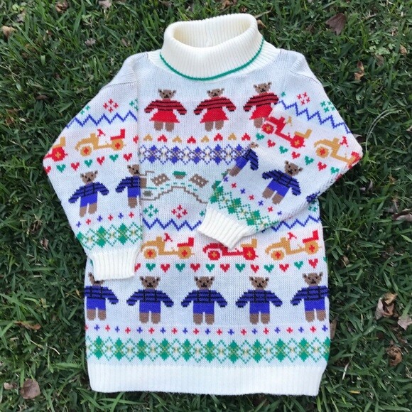 Vintage Gino Calini Long Acrylic Wool Sweater with Teddy Bears and Trains