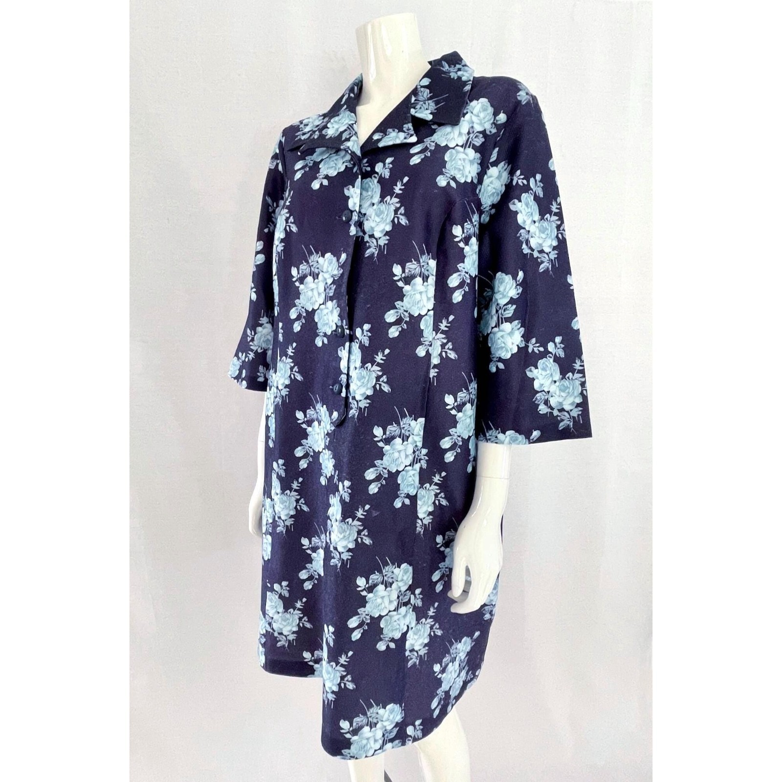 Vintage 70s Floral Print Shirt Dress – Barbarella Navy Blue XL